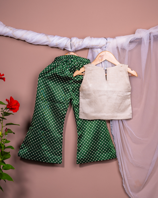 Vanilla linen silk crop top with green chic Bandhej Palazzo