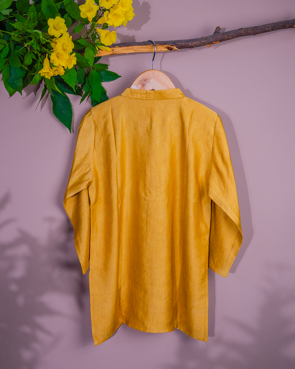Mustard Linen silk kurta with front zip detail