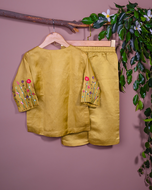 Lime Green linen silk set with Floral Delicacy