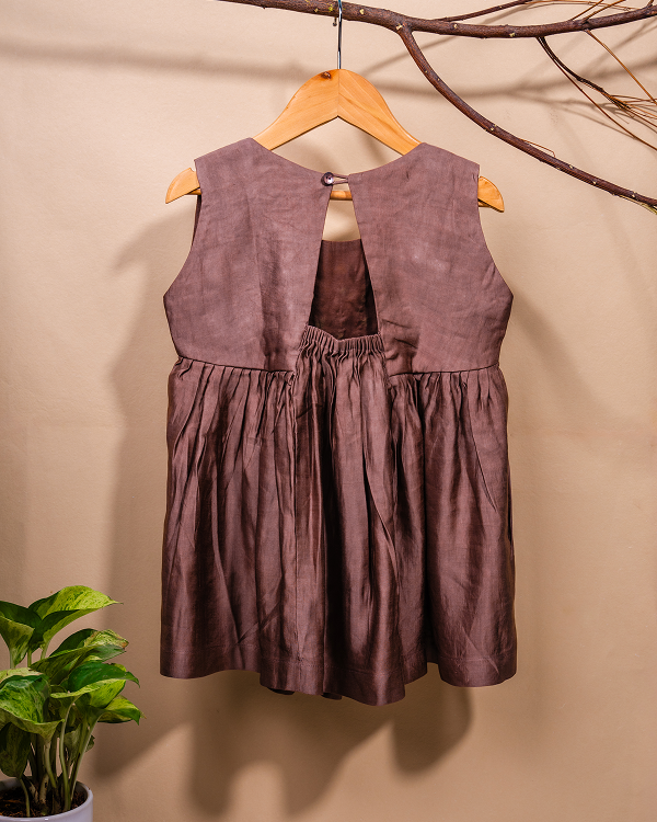 Brown Linen silk frock with bloom embroidery