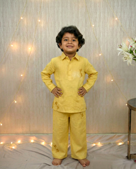 Eddie & Birdie Yellow Linen Embroidered Kurta Set