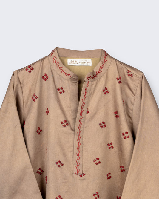 Eddie & Birdie Sand Beige Embroidered Kurta Set