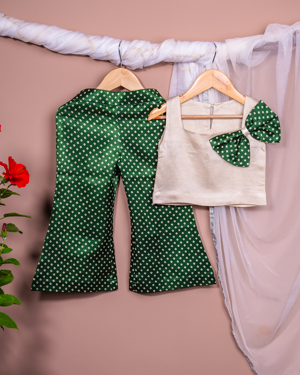Vanilla linen silk crop top with green chic Bandhej Palazzo