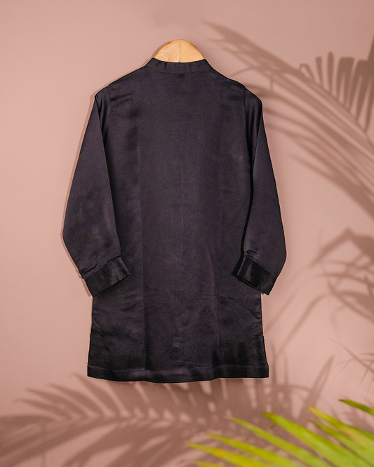 Black Linen Silk Kurta In Long Shirt Style