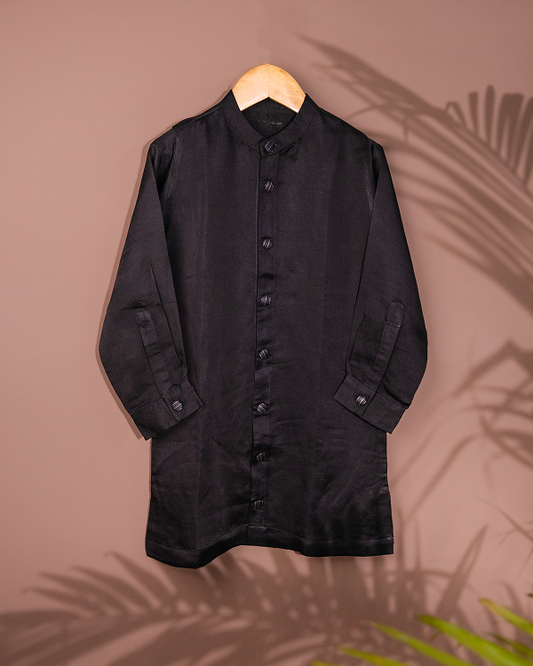 Black Linen Silk Kurta In Long Shirt Style