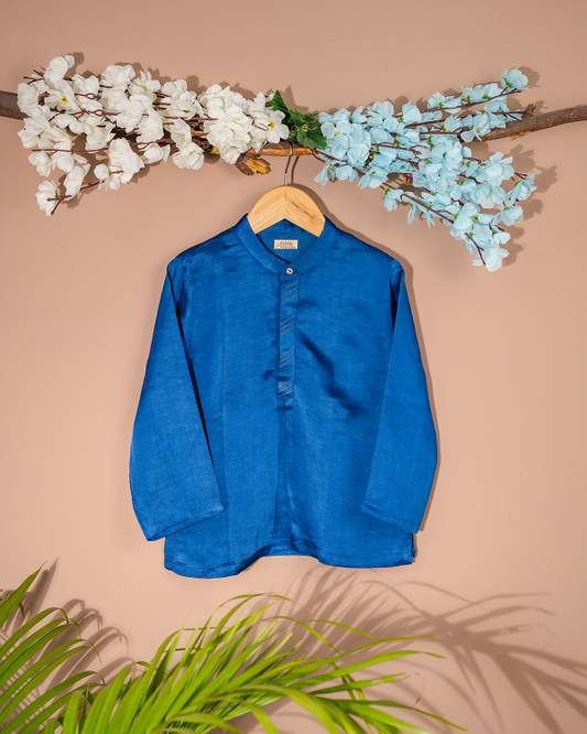 Royal Blue Linen Silk Kurta with Front Placket Detail