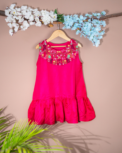 Fuchsia Frills Linen silk frock