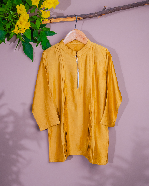 Mustard Linen silk kurta with front zip detail