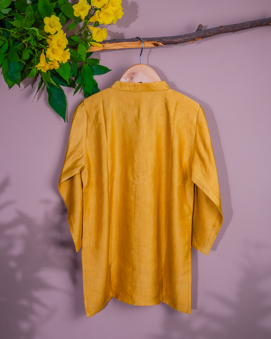 Mustard Linen silk kurta with front zip detail