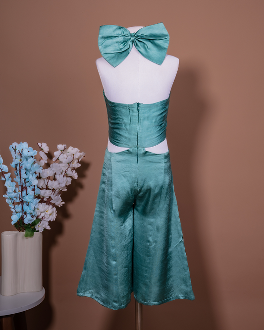 Teal Halter Linen Silk Jumpsuit with Floral Delicacy