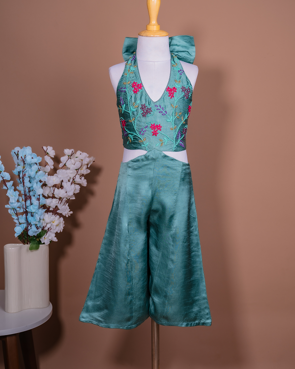 Teal Halter Linen Silk Jumpsuit with Floral Delicacy
