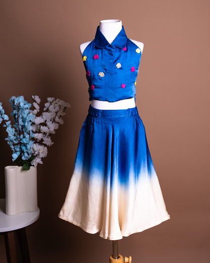 Royal Blue Ombre skirt Set with Floral Popcorn detail