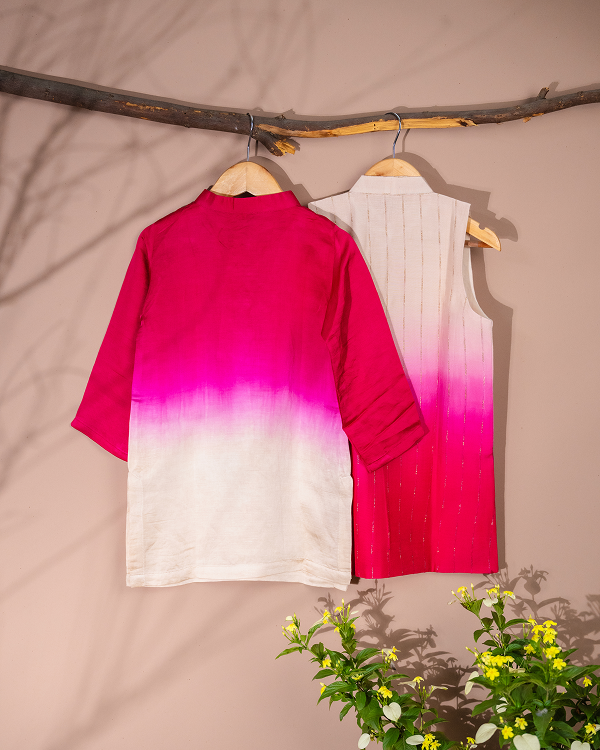 Fuschia & vanilla ombre jacket With reverse ombre linen silk kurta set