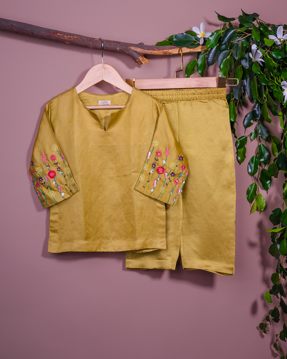 Lime Green linen silk set with Floral Delicacy