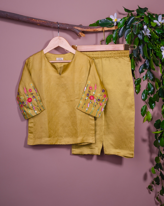 Lime Green linen silk set with Floral Delicacy