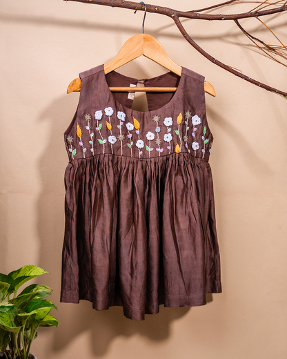 Brown Linen silk frock with bloom embroidery