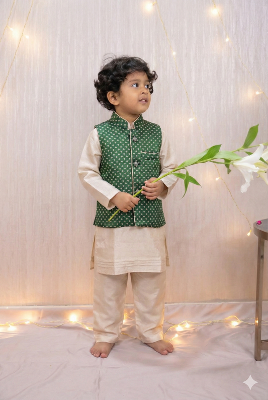 Vanilla Linen Silk Kurta Set With Green Bandhej Jacket