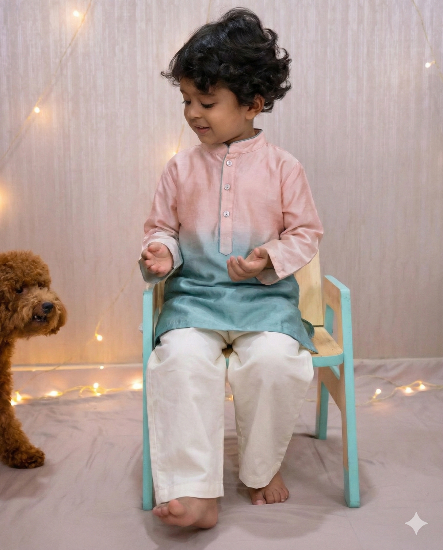 Teal and vanilla Ombre Linen silk kurta