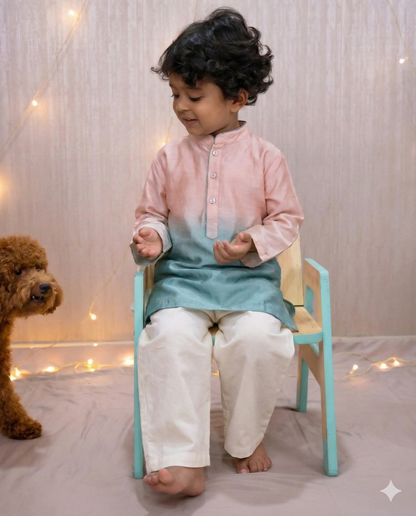 Teal and vanilla Ombre Linen silk kurta