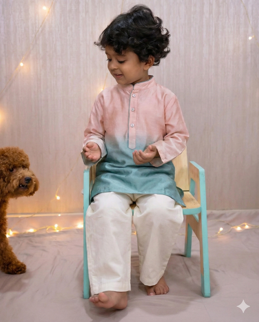 Teal and vanilla Ombre Linen silk kurta