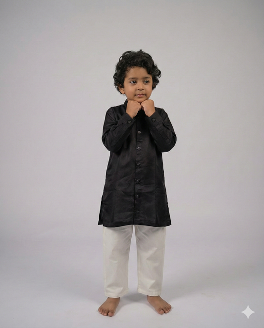 Black Linen Silk Kurta In Long Shirt Style