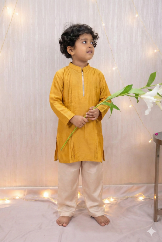 Mustard Linen silk kurta with front zip detail