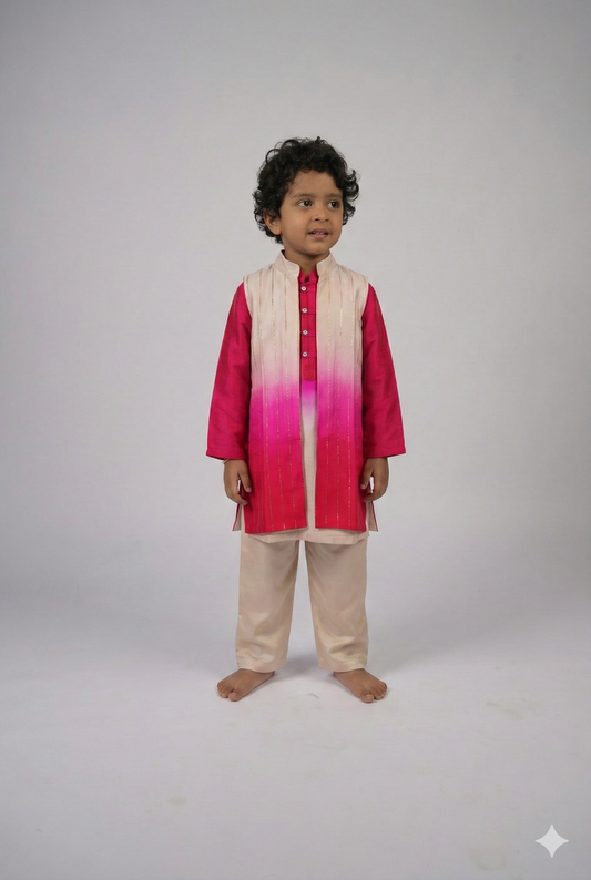 Fuschia & vanilla ombre jacket With reverse ombre linen silk kurta set