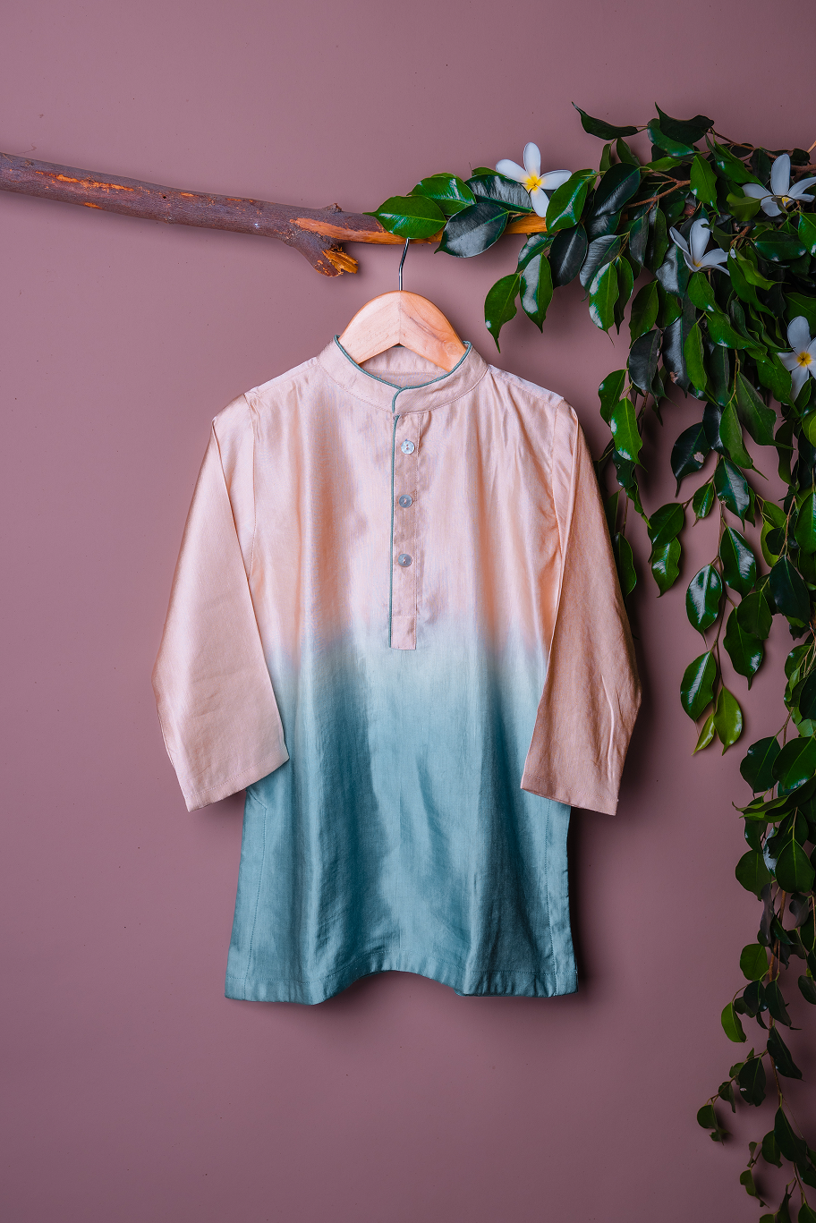 Teal and vanilla Ombre Linen silk kurta