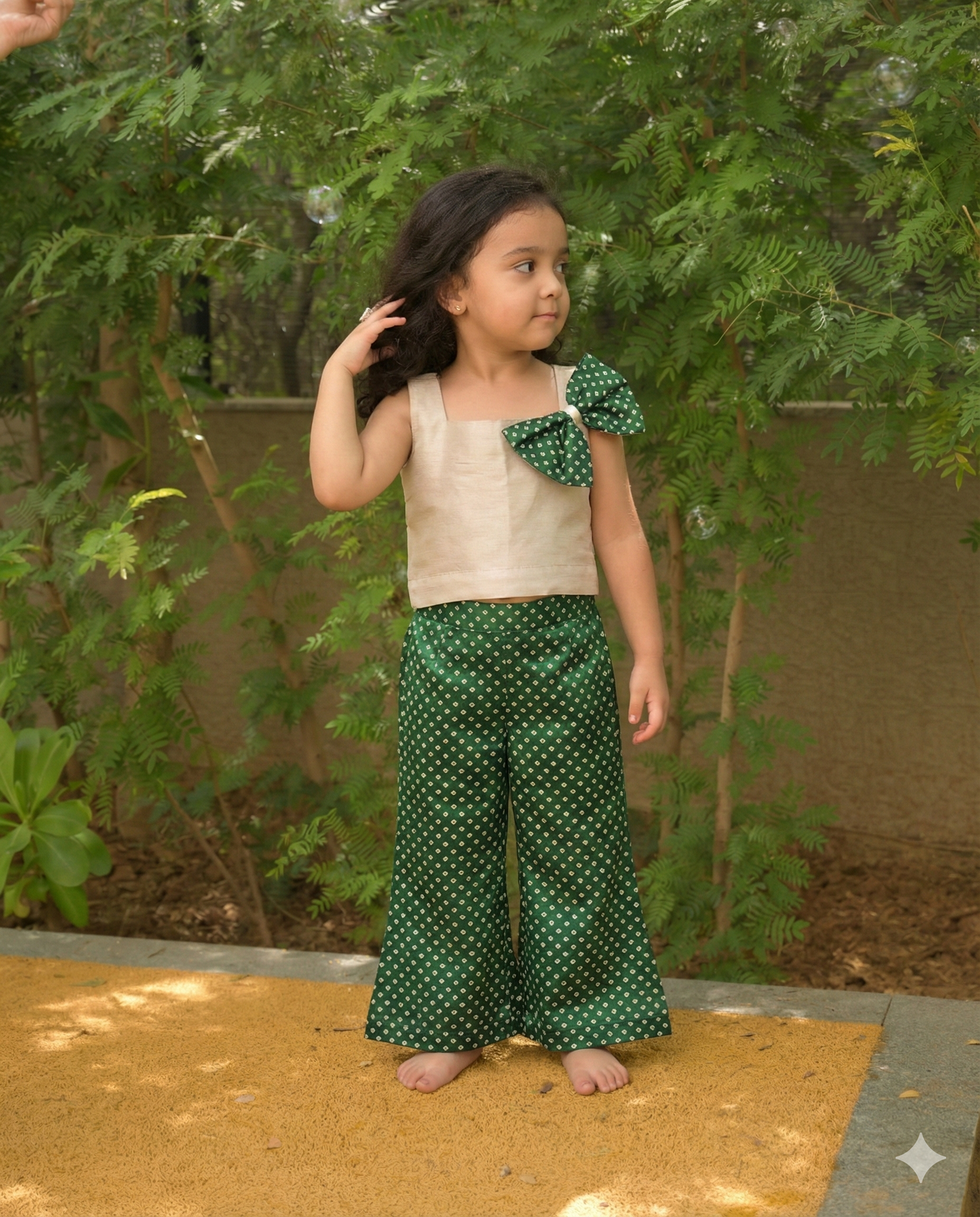 Vanilla linen silk crop top with green chic Bandhej Palazzo