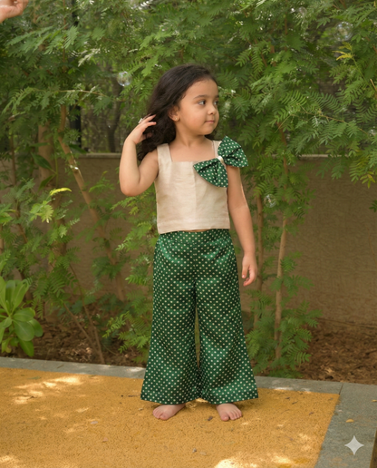 Vanilla linen silk crop top with green chic Bandhej Palazzo