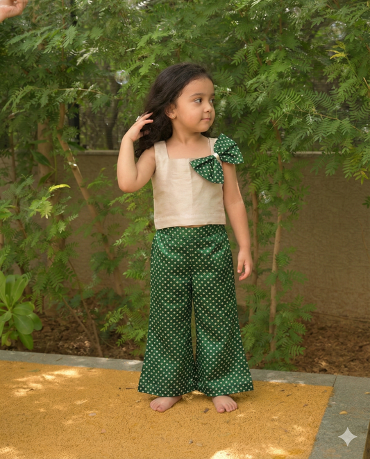 Vanilla linen silk crop top with green chic Bandhej Palazzo