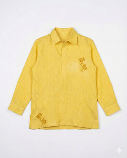 Eddie & Birdie Yellow Linen Embroidered Kurta Set