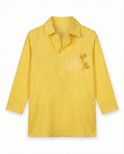 Eddie & Birdie Yellow Linen Embroidered Kurta Set