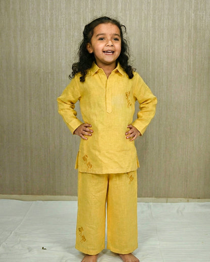 Eddie & Birdie Yellow Linen Embroidered Kurta Set