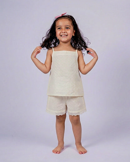 Eddie & Birdie Ivory Swiss-Dot Camisole & Lace Shorts Set