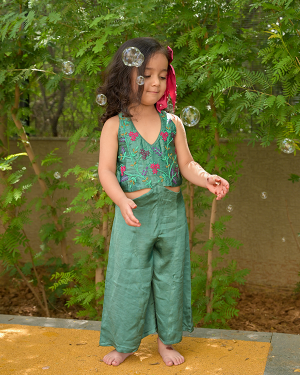Teal Halter Linen Silk Jumpsuit with Floral Delicacy