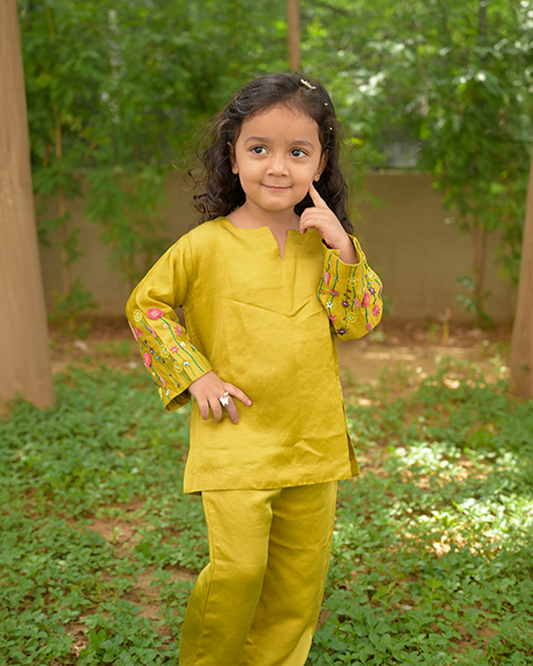 Lime Green linen silk set with Floral Delicacy