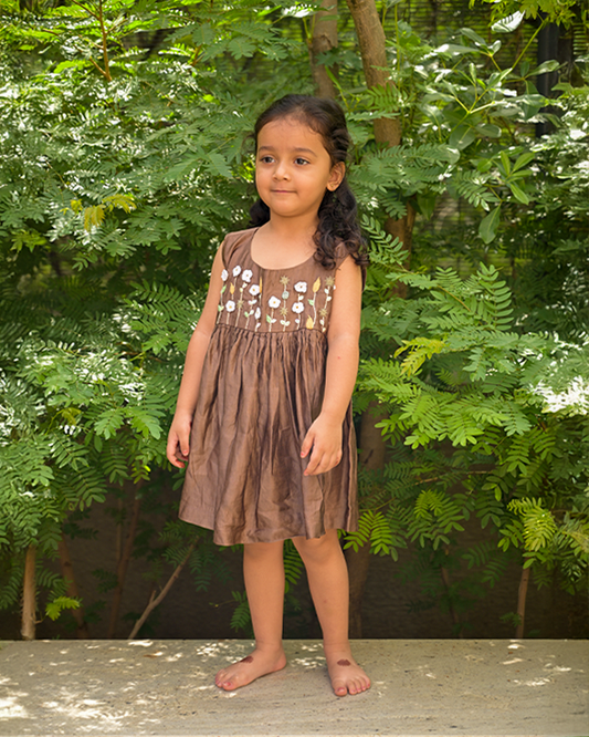Brown Linen silk frock with bloom embroidery