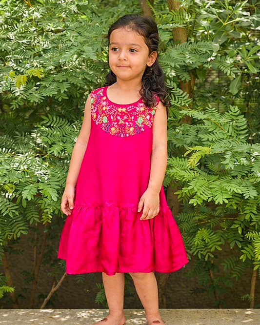 Fuchsia Frills Linen silk frock