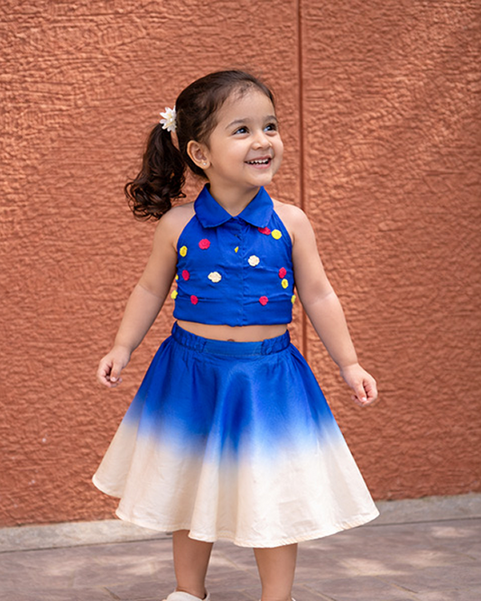 Royal Blue Ombre skirt Set with Floral Popcorn detail