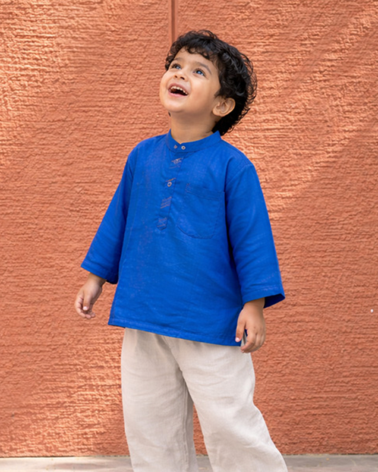 Royal Blue Linen Silk Kurta with Front Placket Detail